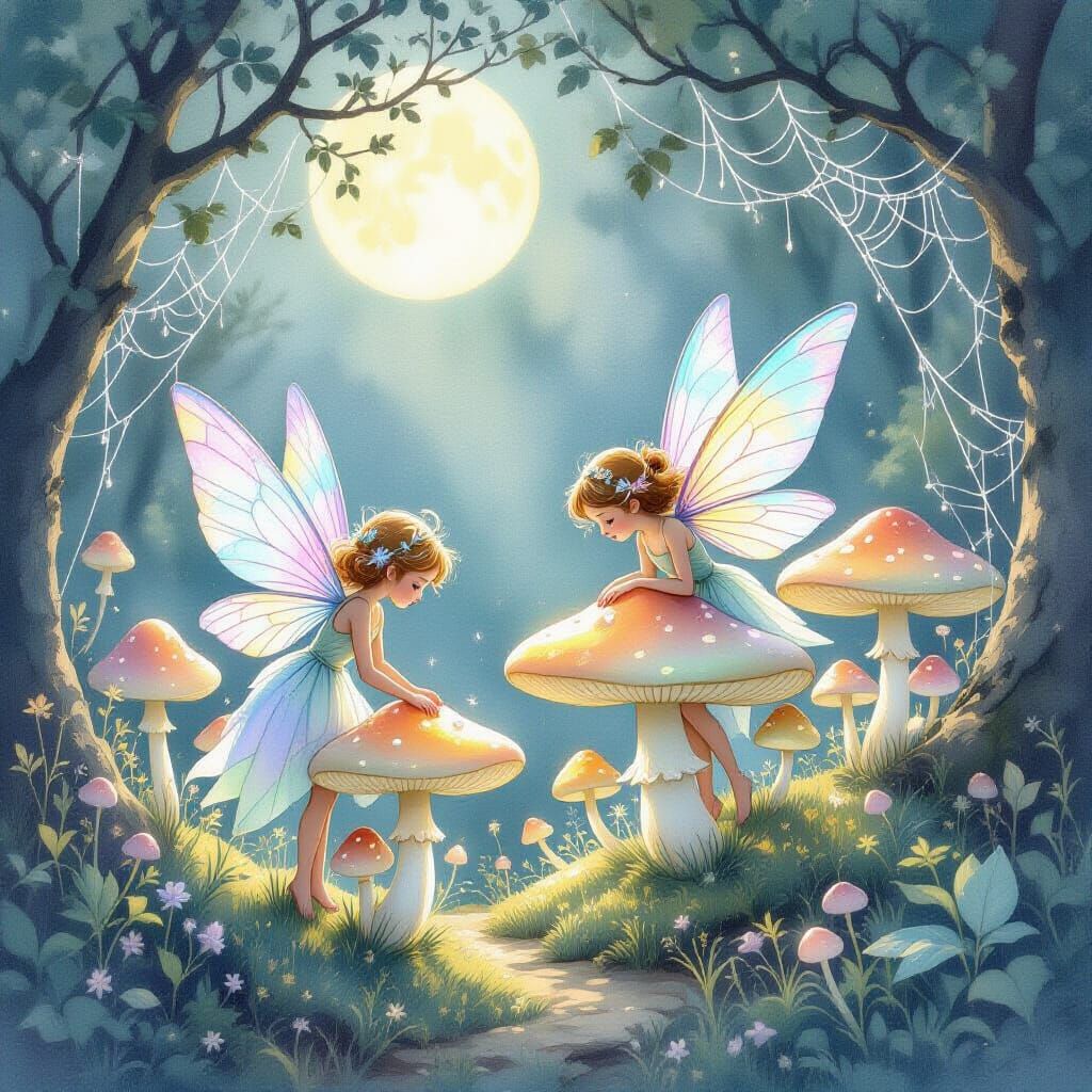 Fairies Tend Glowing Mushrooms in Dreamy Watercolor Grove
