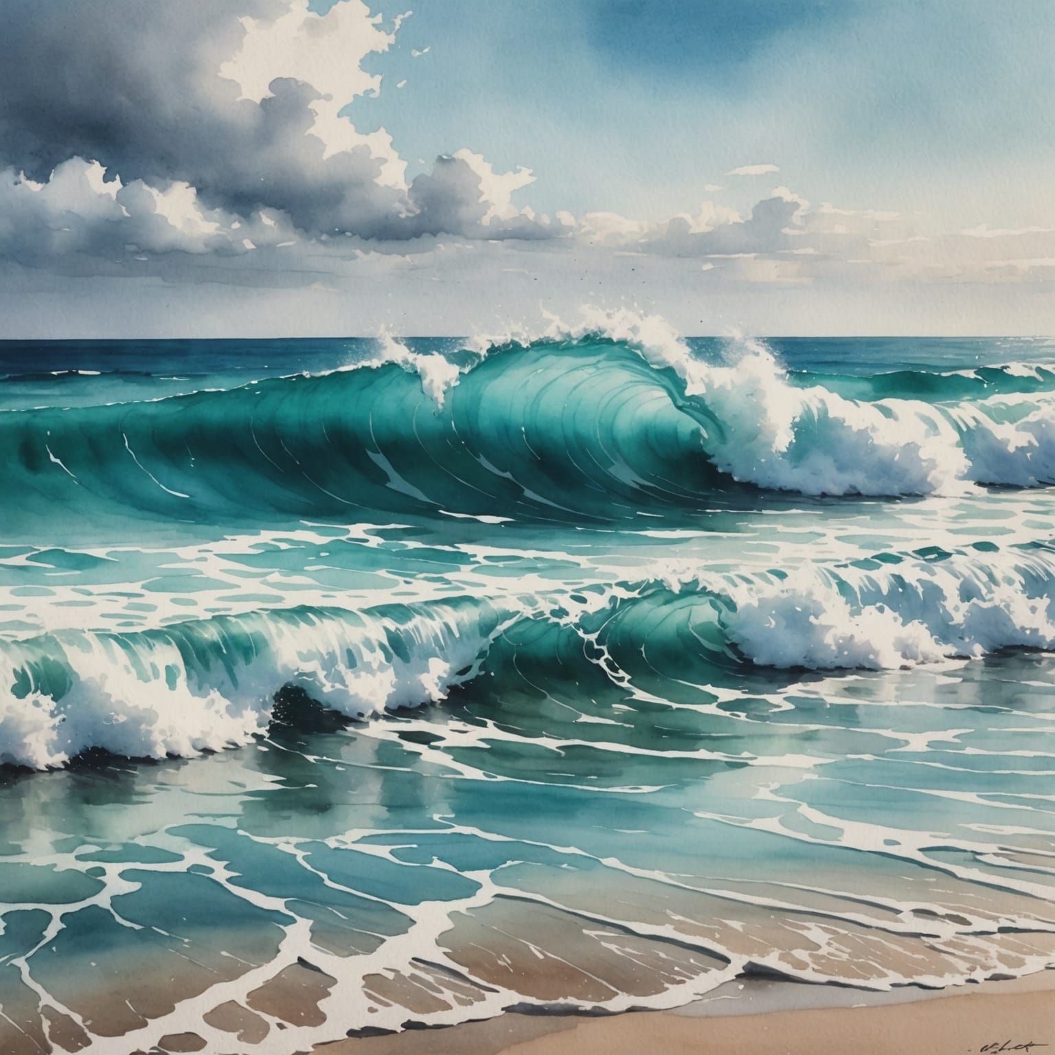 Peaceful Watercolor Beach Scene with Silver Waves