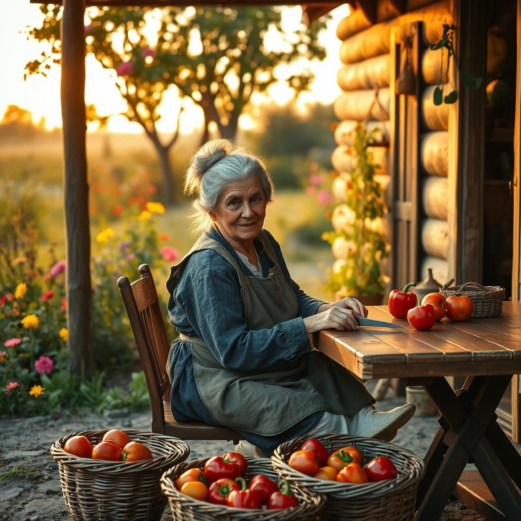 Elderly Woman Cutting Peppers in Rustic Garden