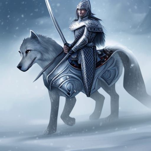 Elf Knight Rides Wolf in Snowstorm