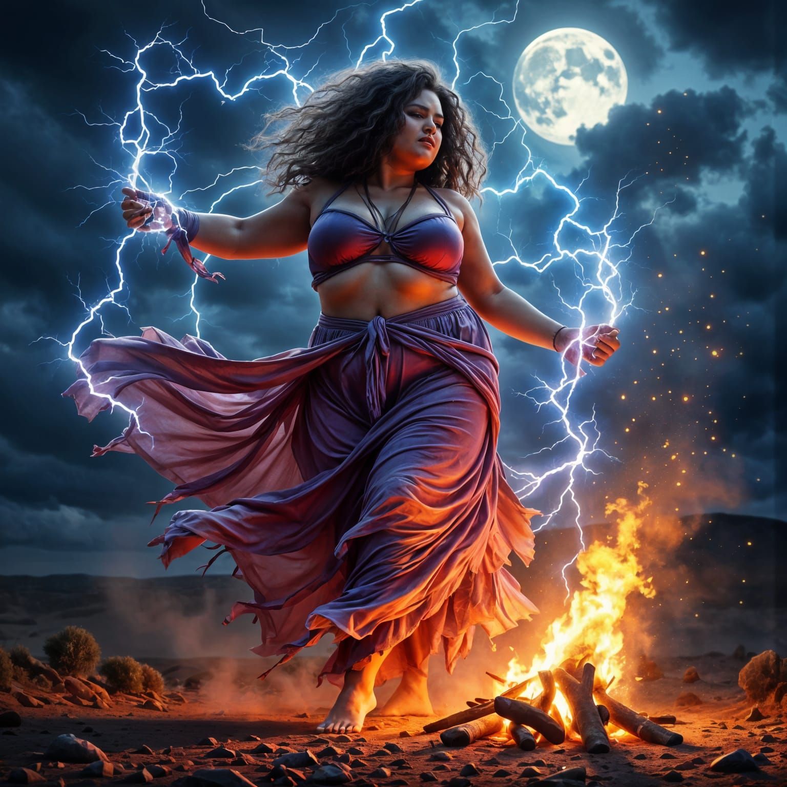 Vibrant Gypsy Dancer Swirls in Sandstorm Winds