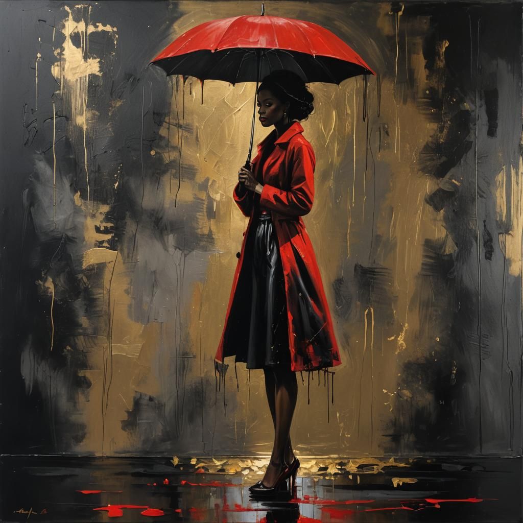 Lady with Red Umbrella: Grunge Style Painting