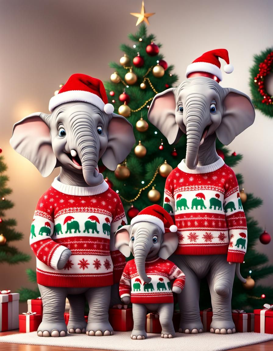 Cartoon Elephant Family in Christmas Sweaters
