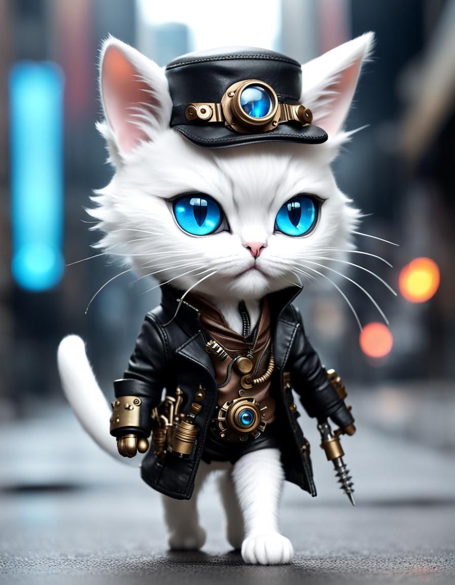 Chibi Steampunk Cat Walks a Cyberpunk Street