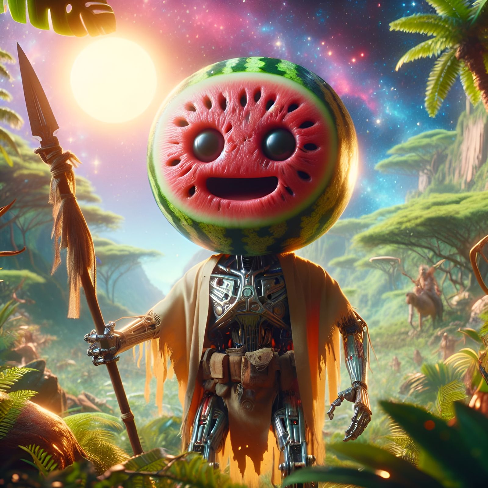 Robotic Watermelon Warrior in Safari Jungle