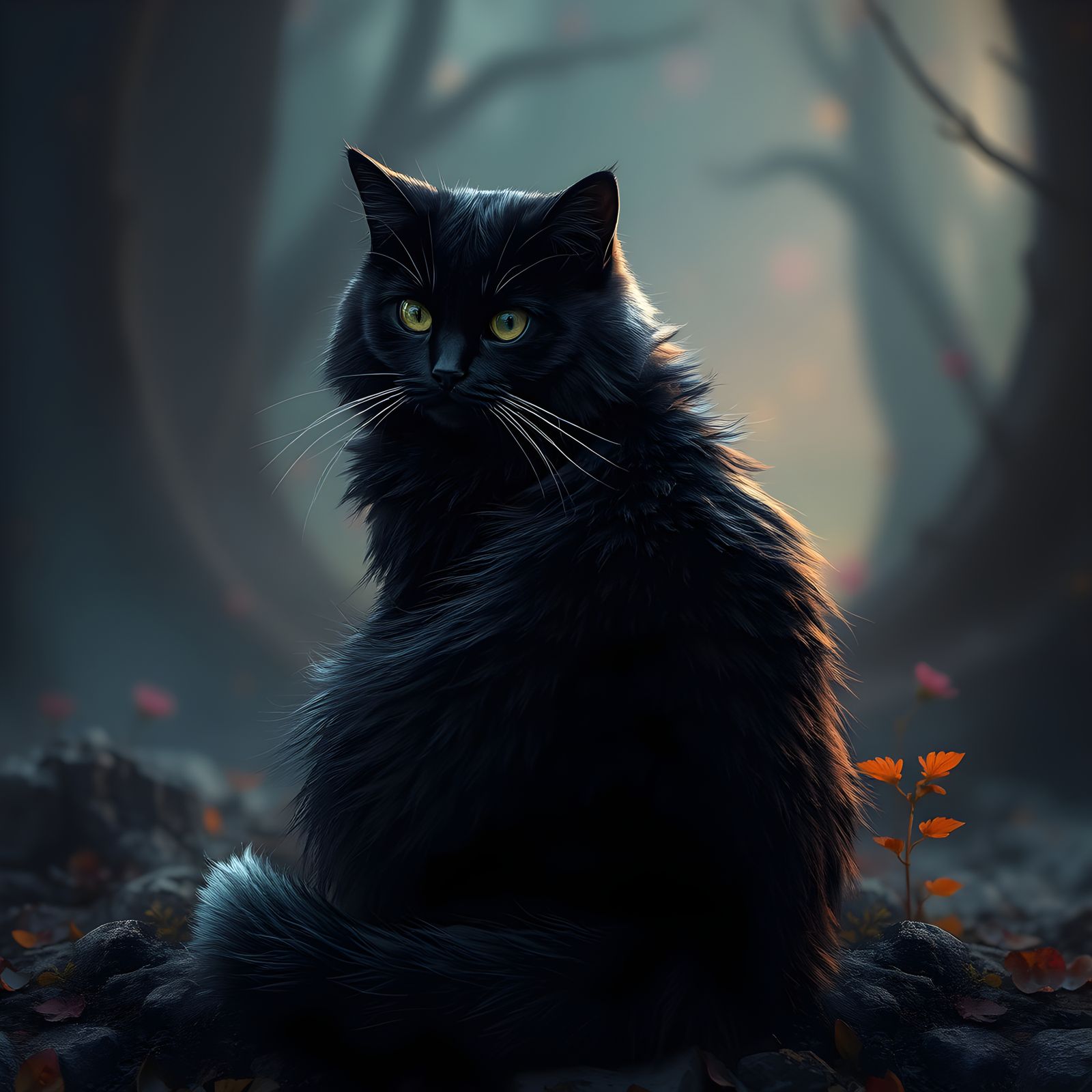 Fluffy Black Cat with White Tail, Detailed Matte Painting