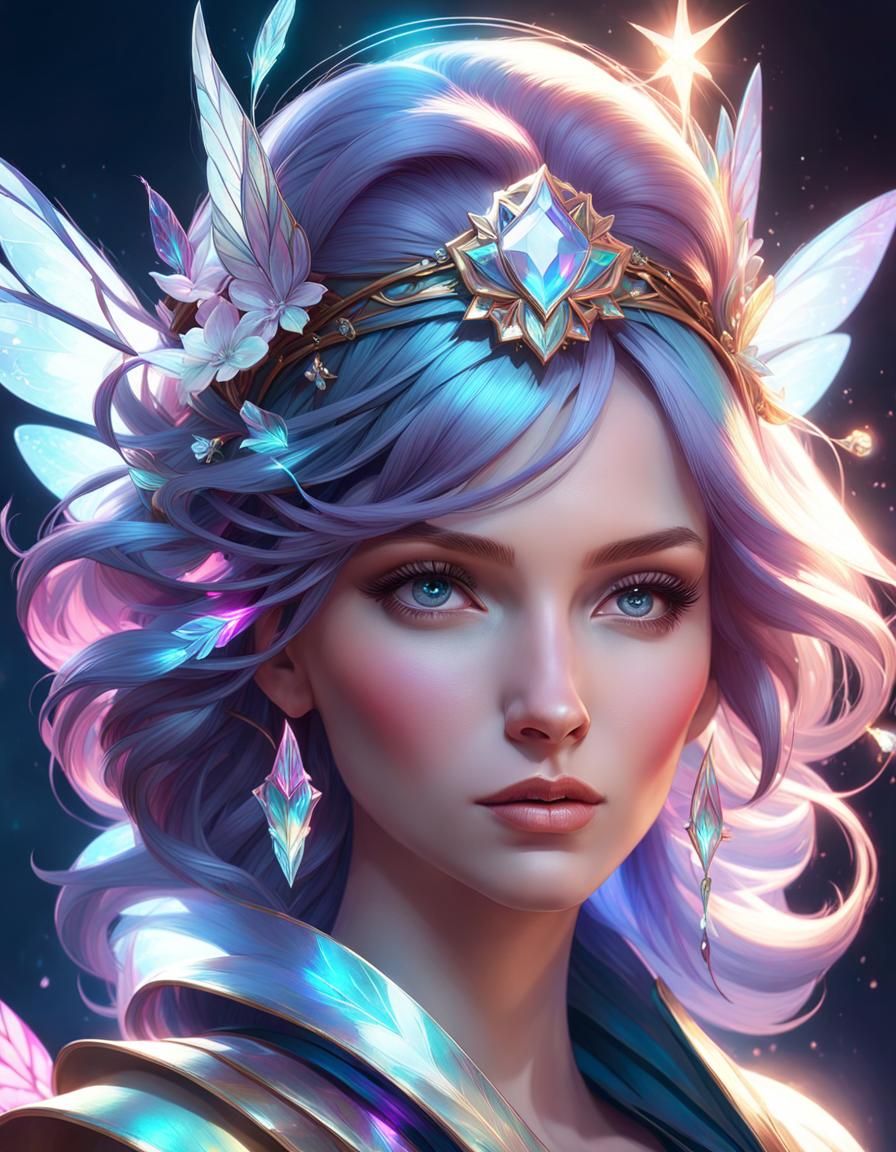 Holographic Fairy Princess Portrait in Art Nouveau Style