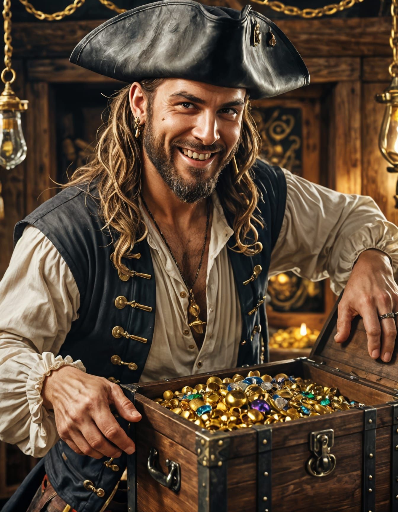 Pirate Opens Treasure Chest of Jewels