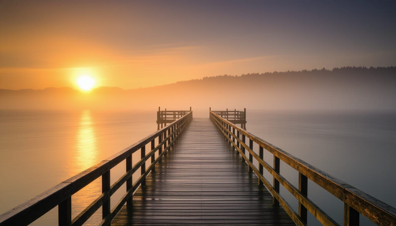 Misty Sunrise Over Seaside Pier