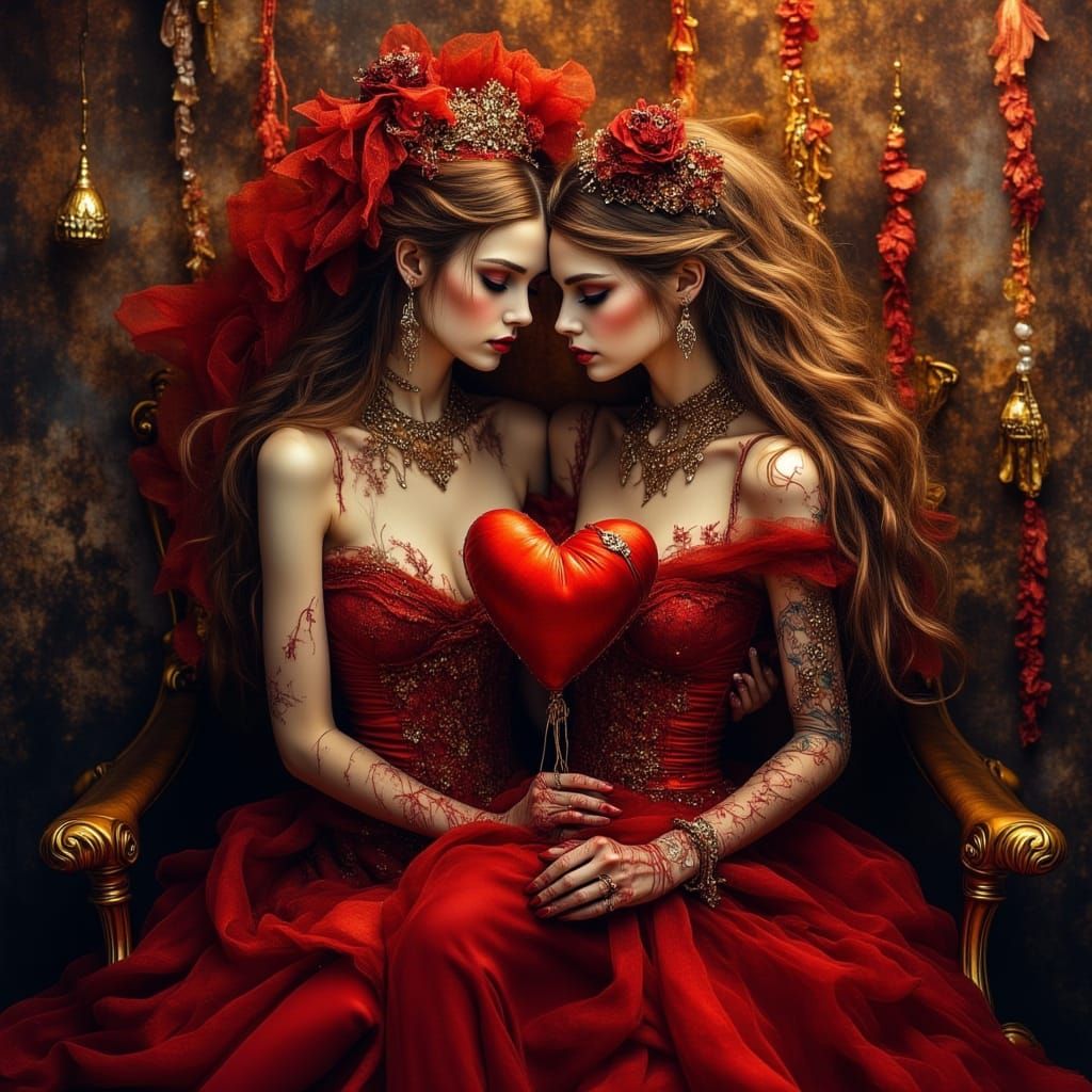 Marionette Couple Holding Golden Heart, Hyperrealistic Style