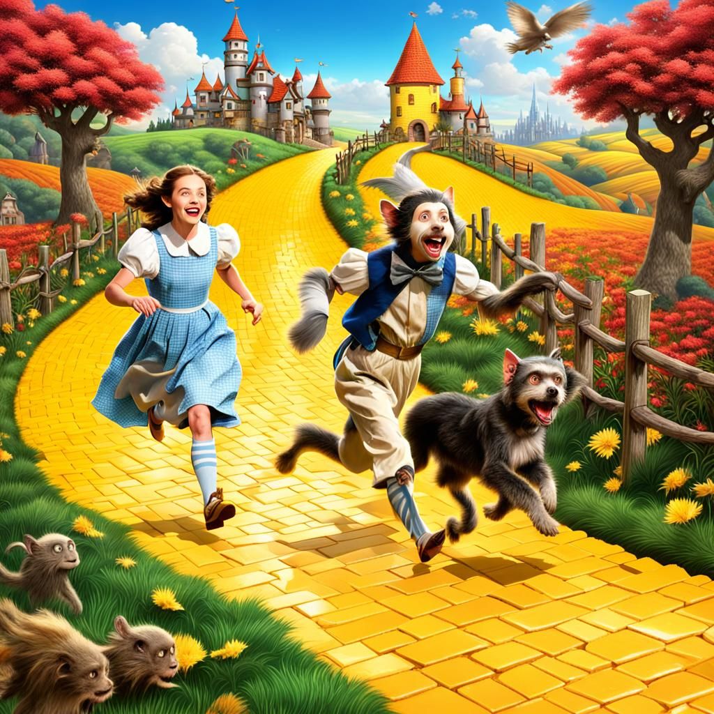Dorthy and Toto running down the yellow brick road being chased by flying monkeys 8k vivid colors