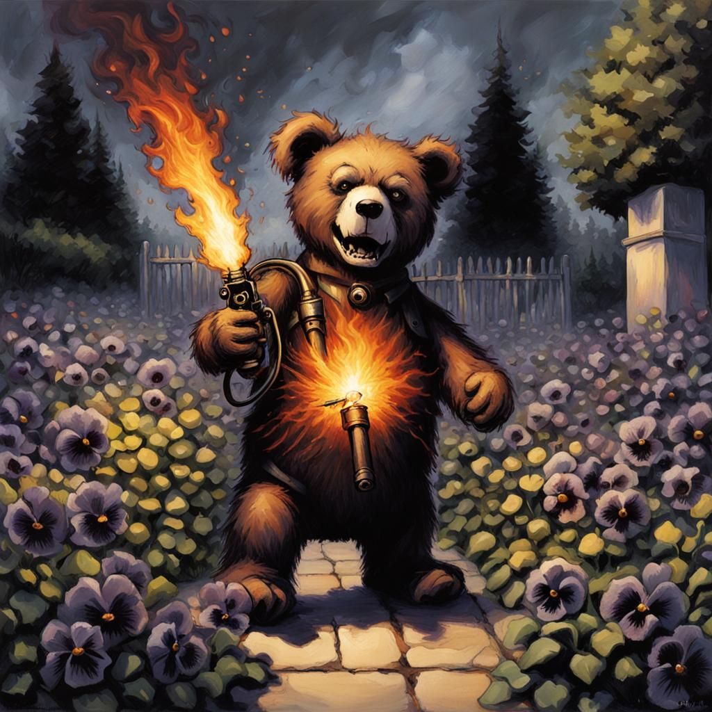Sinister Teddy Bear with Flamethrower, Dark Comic Style