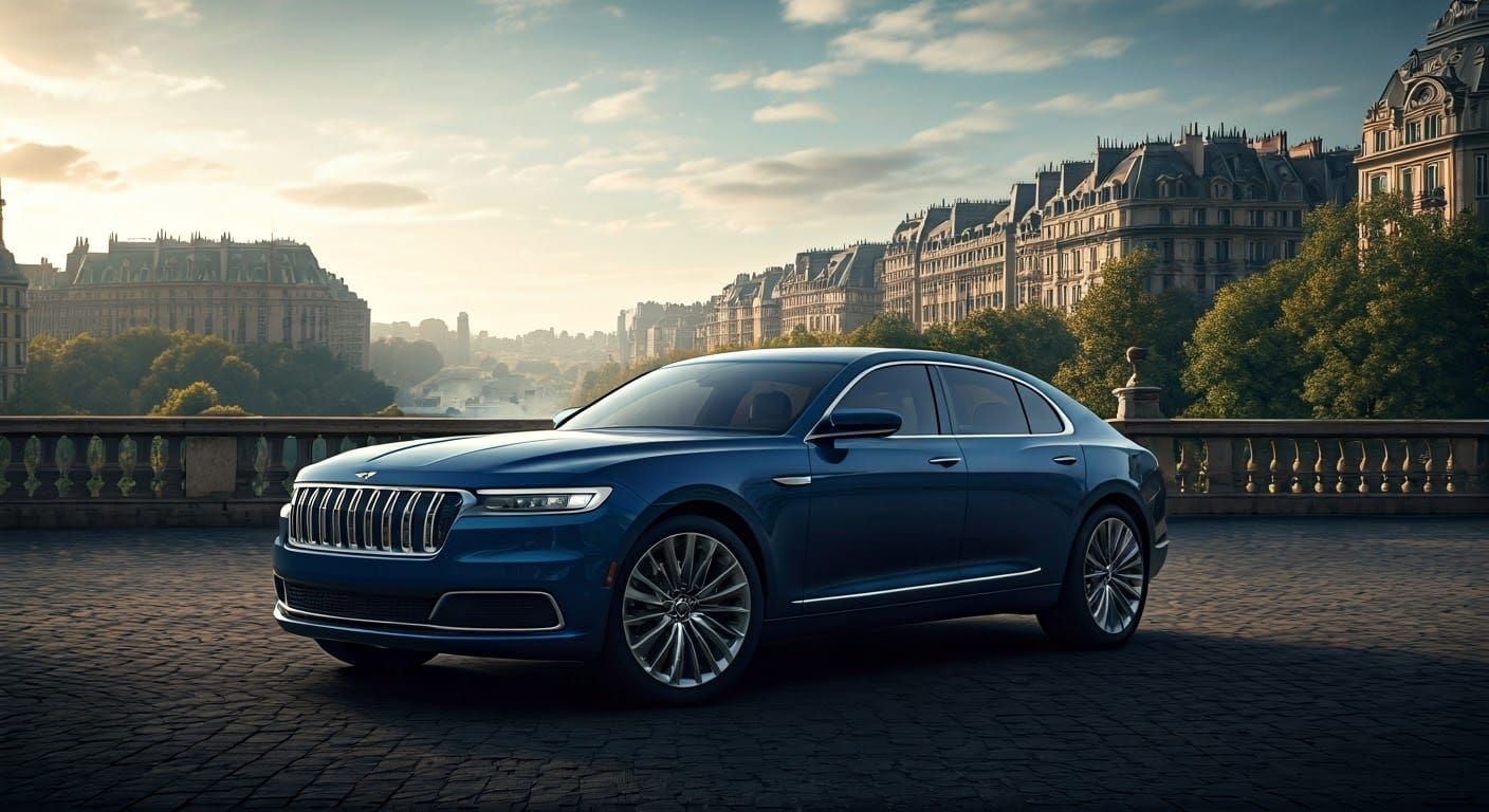 Epic Art Nouveau Cityscape with Jeep Mulsanne at Dawn