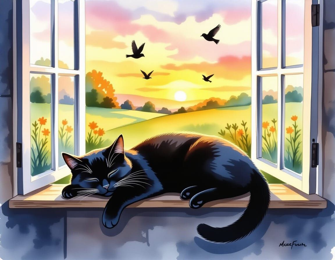 Contented Black Cat in Window, Watercolor Style