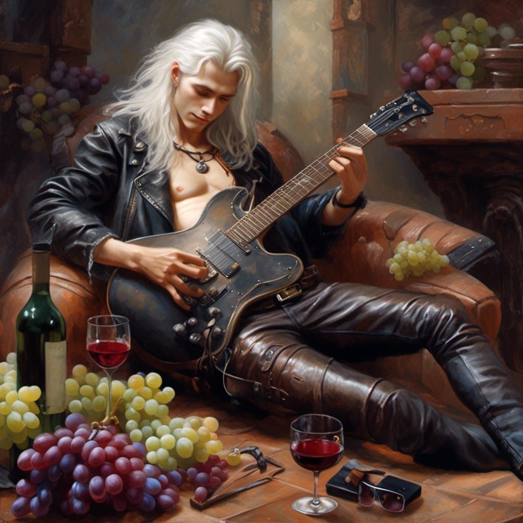 Hyperreal Dionysus Reclining with Wine and Guitar