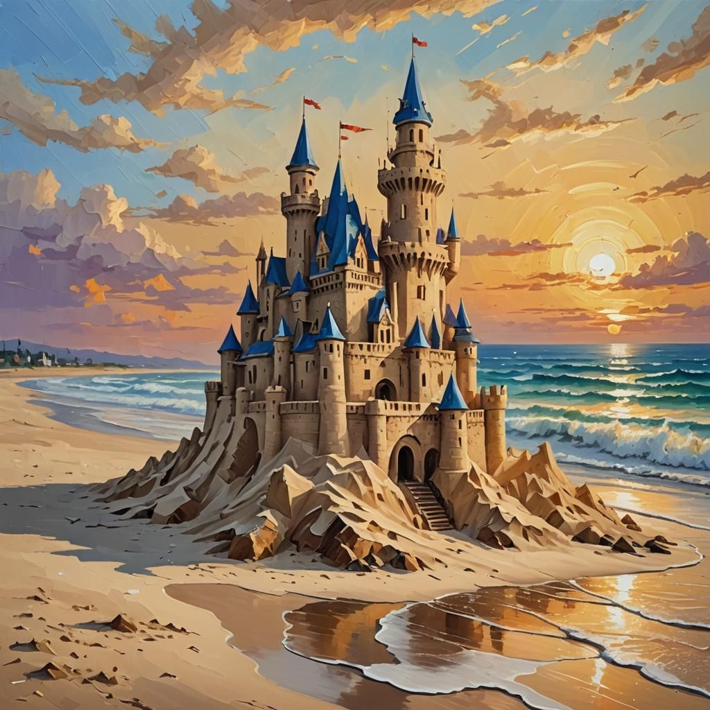 palette knife oil painting beautiful big intricate sand castle on a beach, heavy strokes, sunset, sand, sea, waves in th...