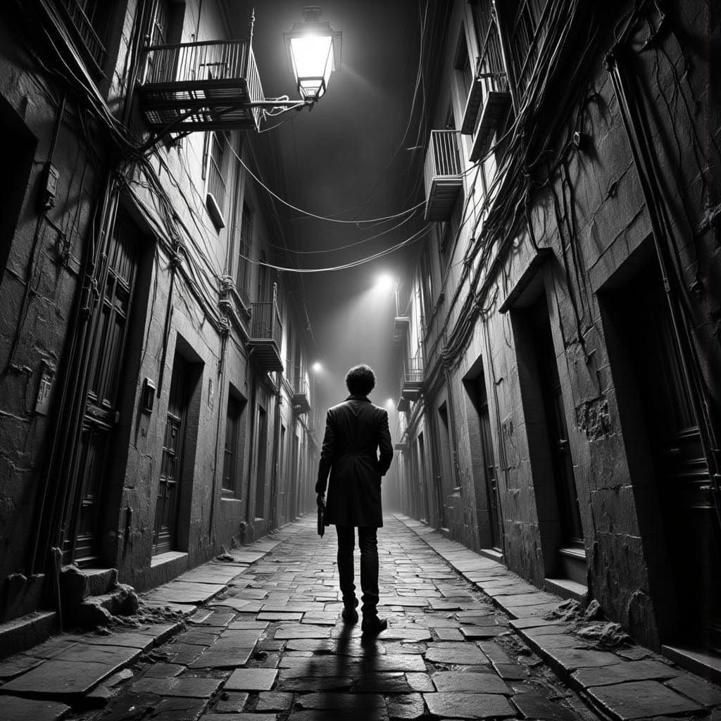 Film Noir Alley Scene in Smokey Grunge Style