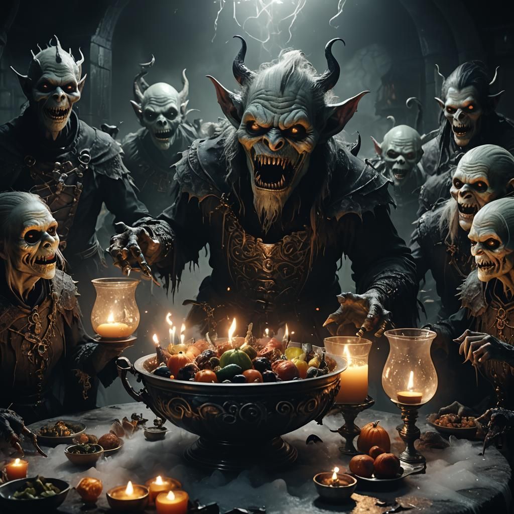 Dark Fantasy Creature Gathering in Candlelight