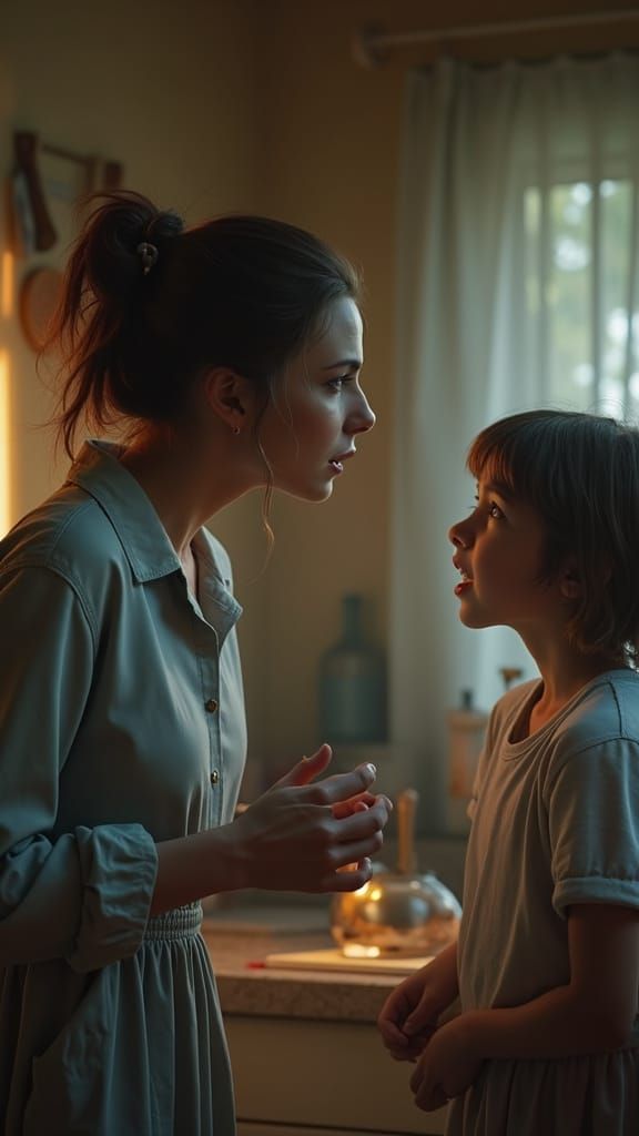 Mother Scolding Young Girl in a Domestic Kitchen Scene, Rend...