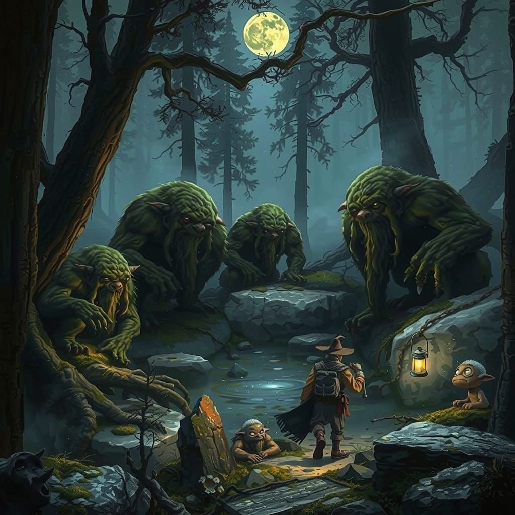 Ancient Trolls in Misty Forest, John Bauer Style