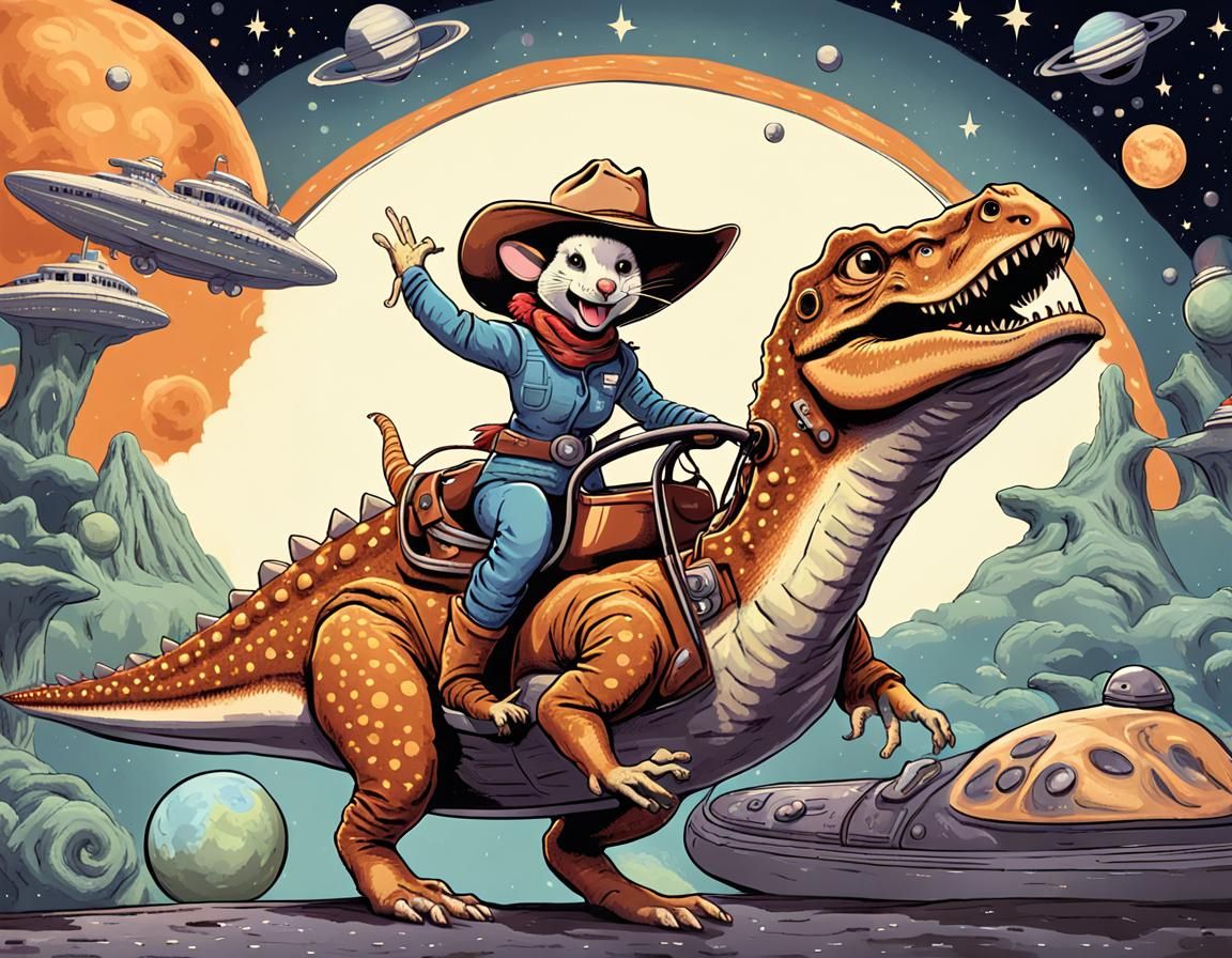 Cowgirl Mouse Rides Dinosaur on Spaceship