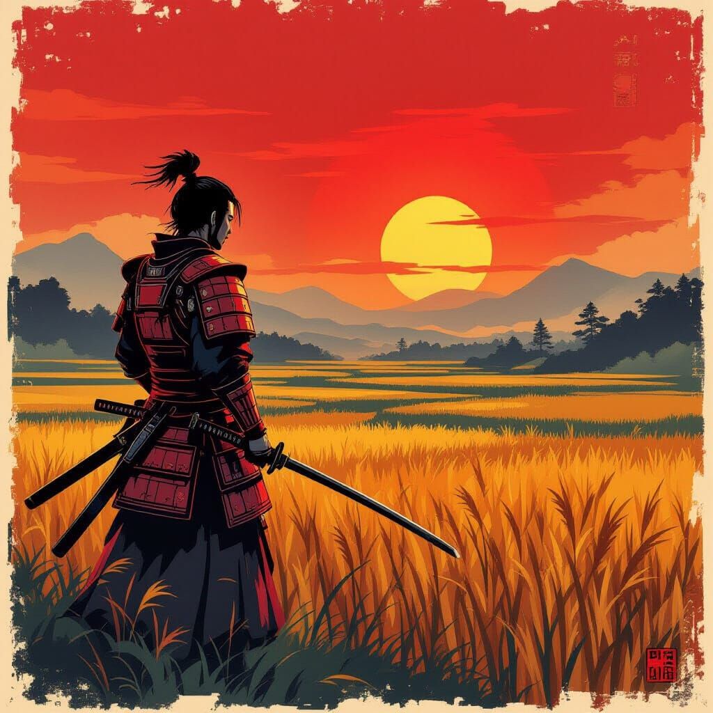 Samurai at Crimson Sunset in Rice Paddy