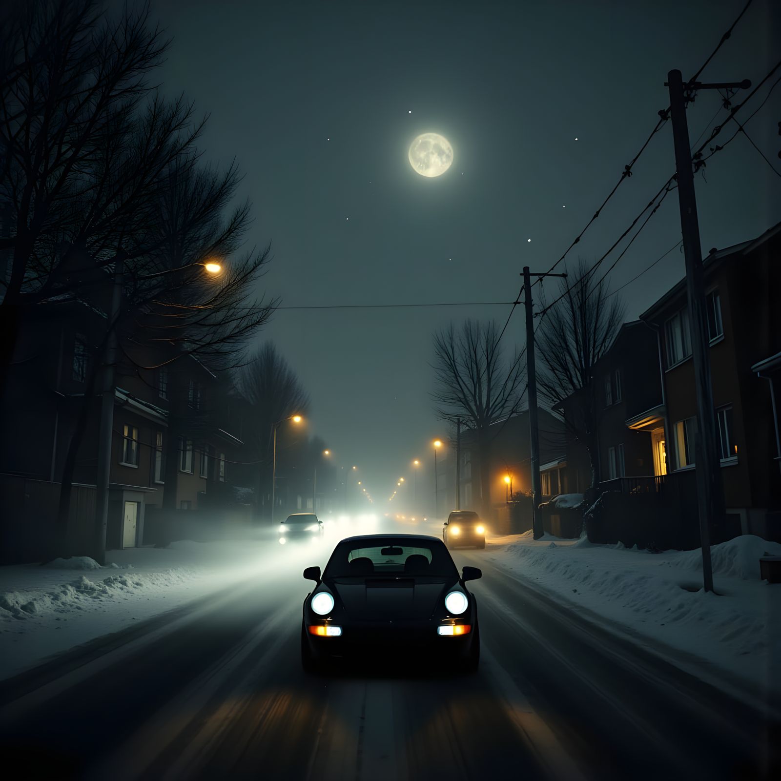 Night Blizzard Street Scene with Car Headlights