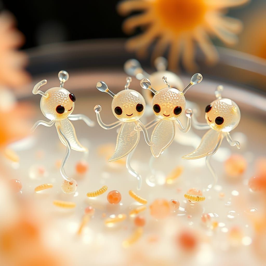 Cute Microbes Dancing in Petri Dish in Photorealistic Style