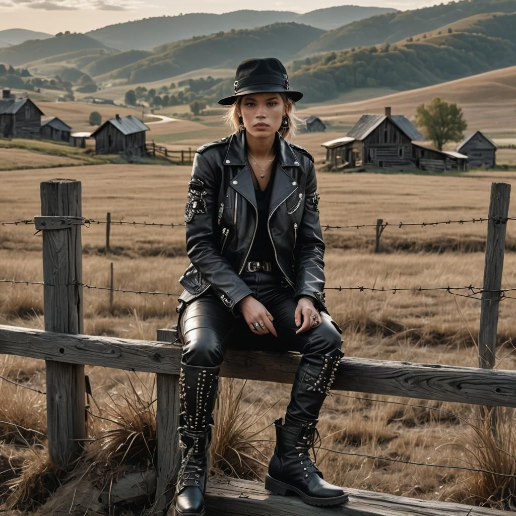 Woman in Leather on Farm Fence, Gritty Realism