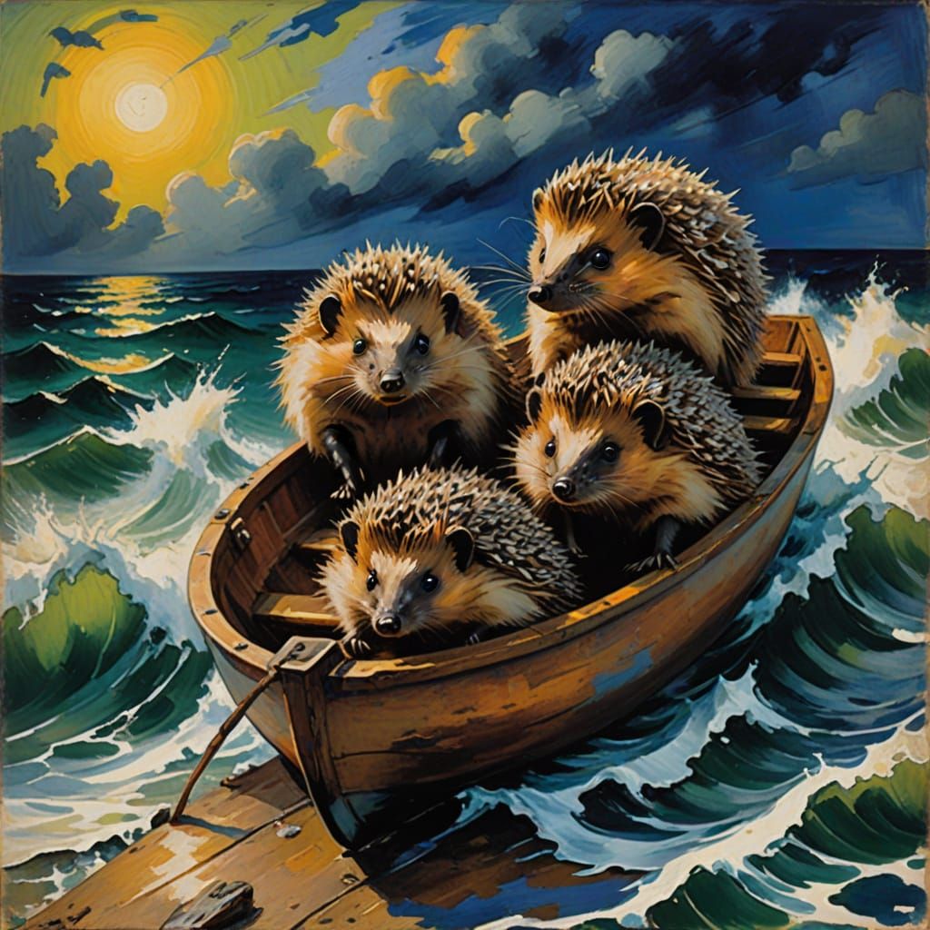 Expressionist Oil Painting of Brave Hedgehogs Fishing at Sea