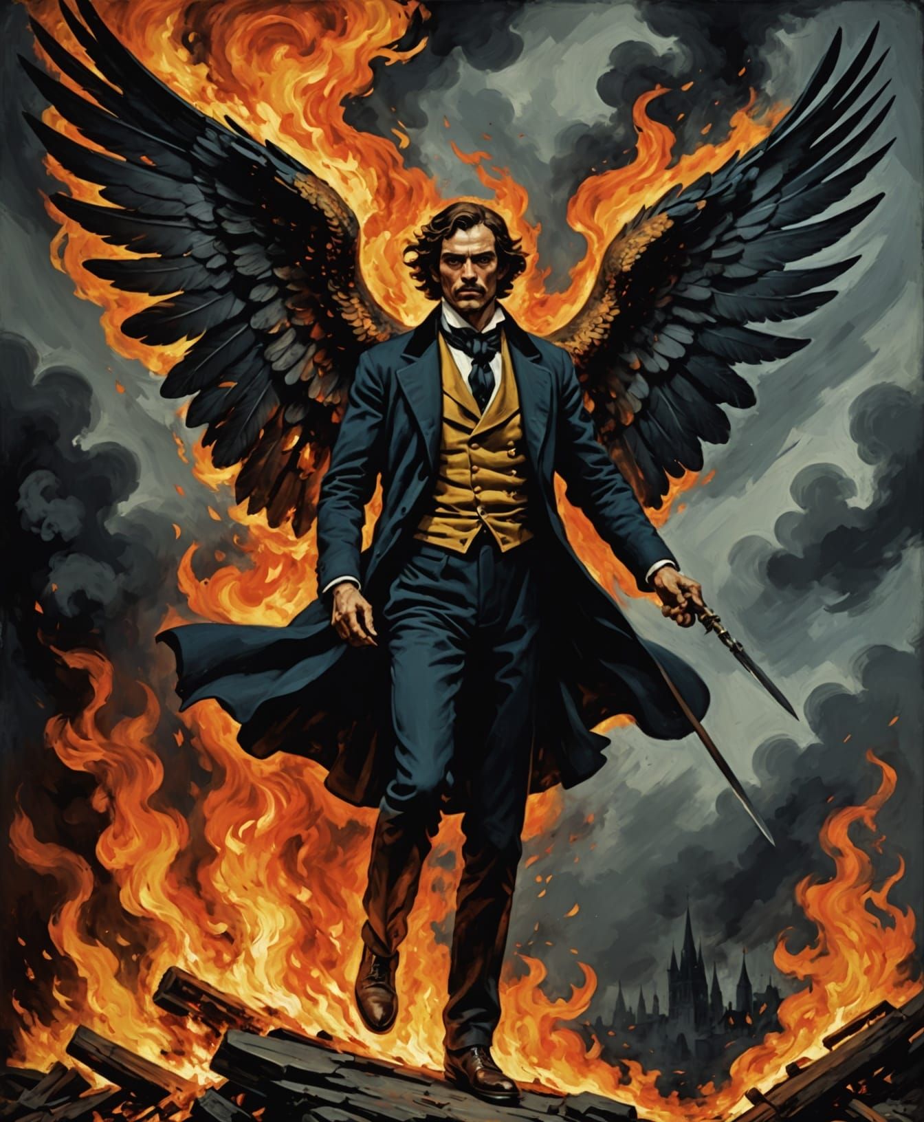 Dramatic Figure Reaching for Fire as Impasto Painting