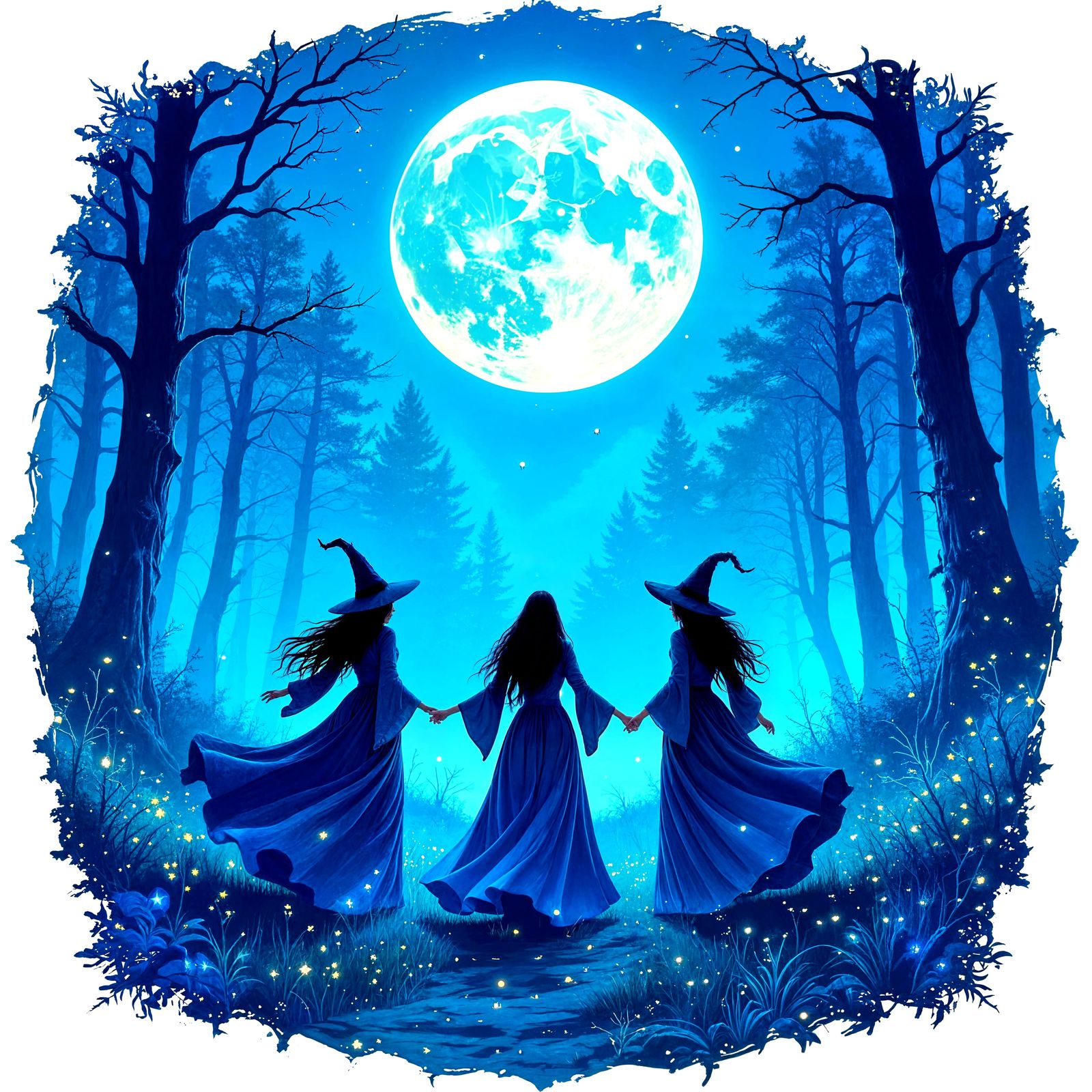 Enchanting Witches Dancing Under a Giant Full Moon in Forest