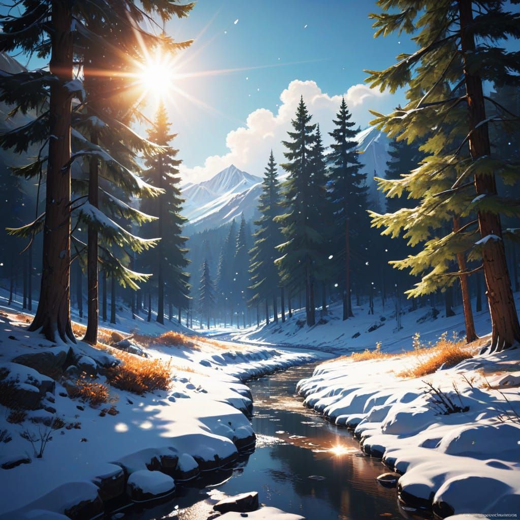 Sunlit Snowscape in Vibrant Anime Style
