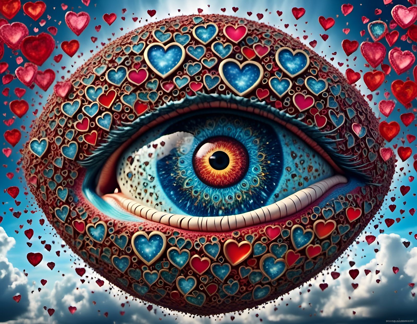 Surreal Heart Eye in Rainy Fantasy Sky