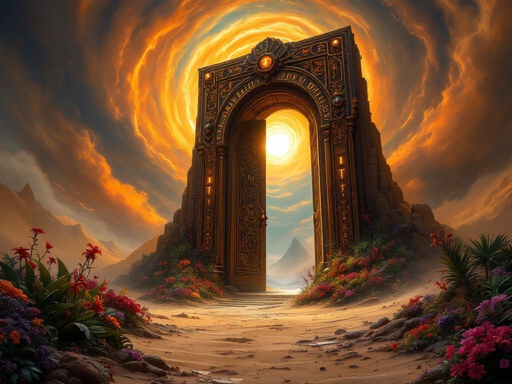 Gothic Door in Desert with Vibrant Garden
