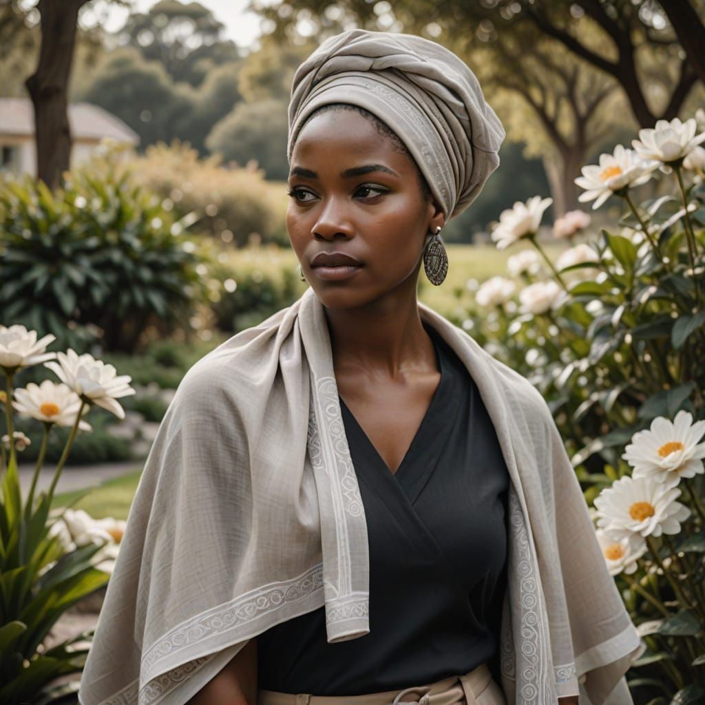Young Xhosa Woman Contemplates in Modern Garden Oasis