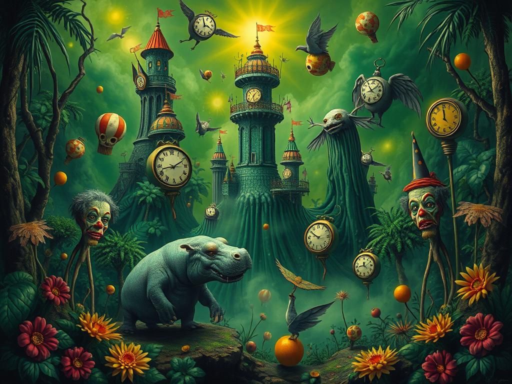 Surreal Jungle Landscape with Flying Hippos