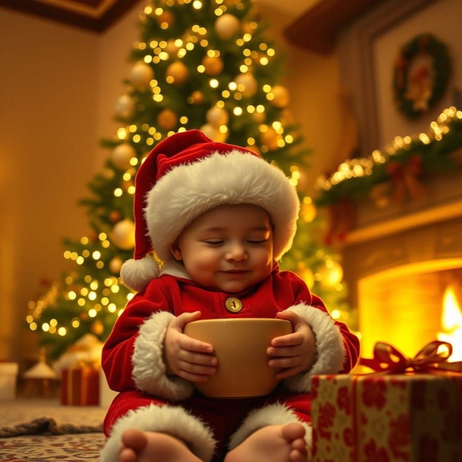 Fantasy Baby in Santa Costume Slumbers by Christmas Tree