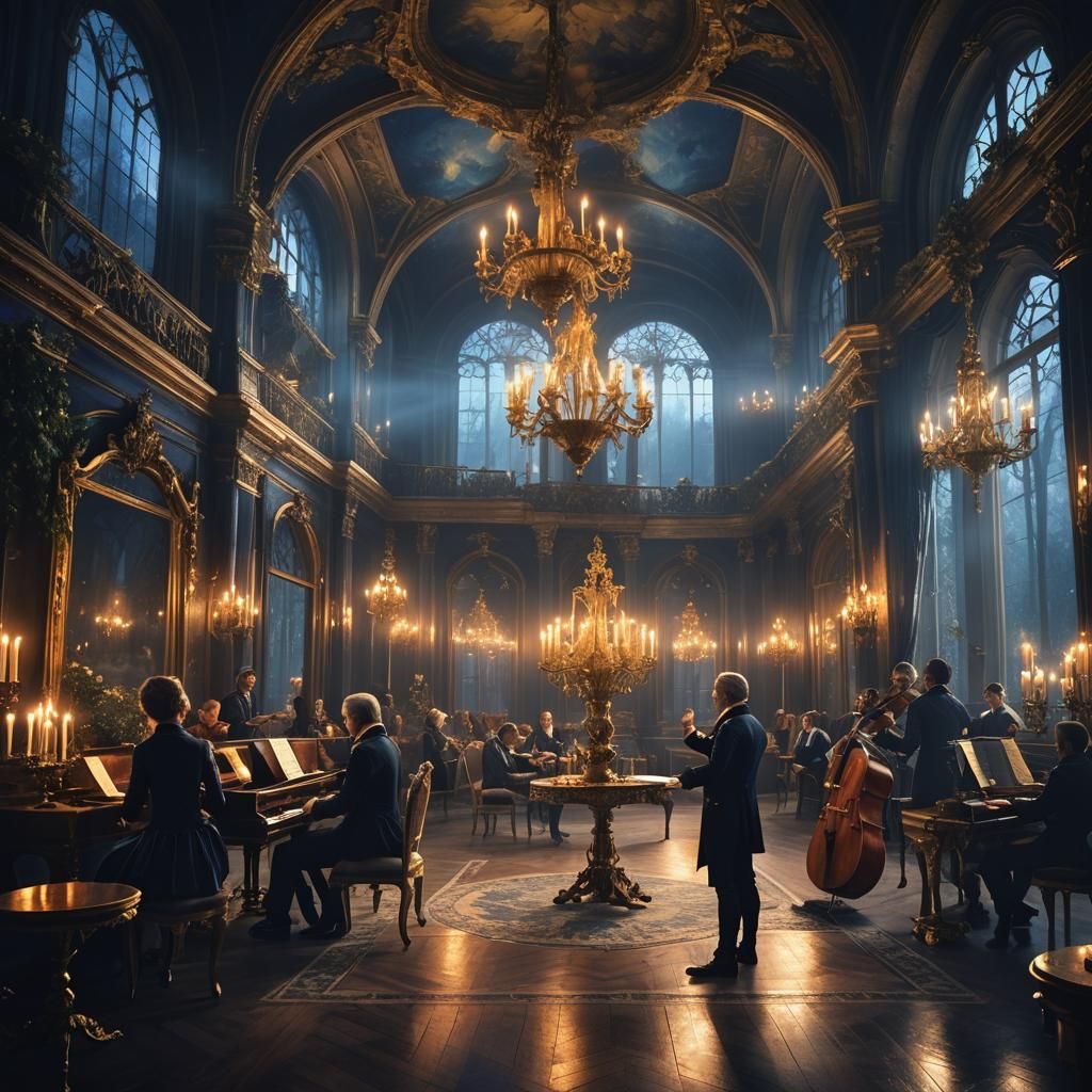 Baroque Ballroom Scene Inspired by Mozart and Art Nouveau