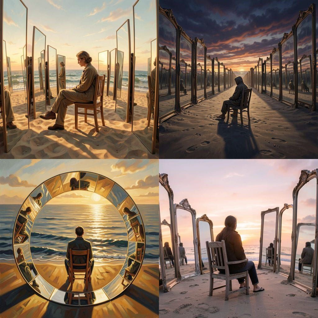 Person on Beach Surrounded by Reflecting Mirrors