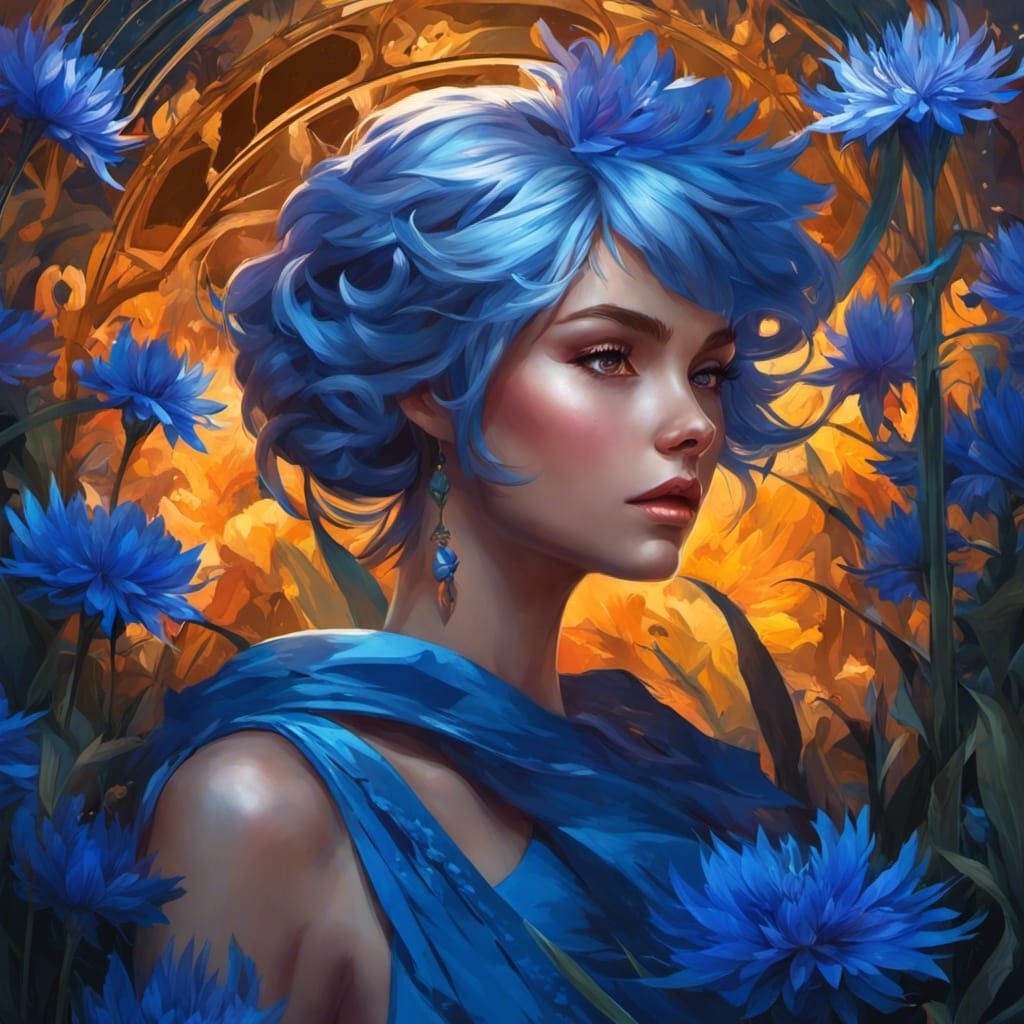 Girl with Blue Cornflower Hairstyle, Hyperdetailed Concept A...