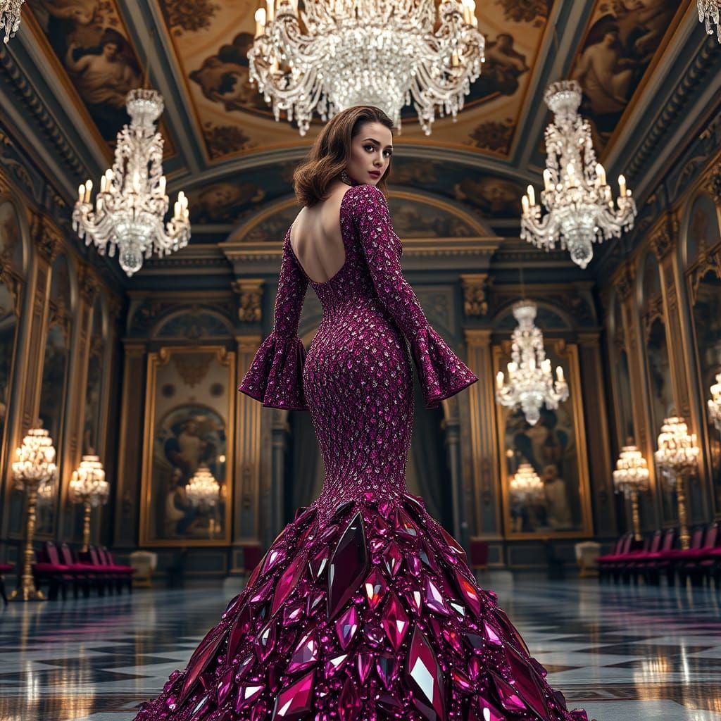 Crystal Gown in Opulent Ballroom, Hyper-Realistic Art