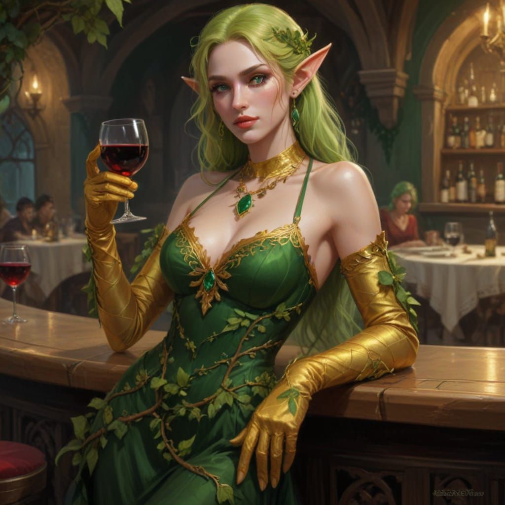 Elegant Elf Courtesan in Luxury Salon, Fantasy Oil Painting