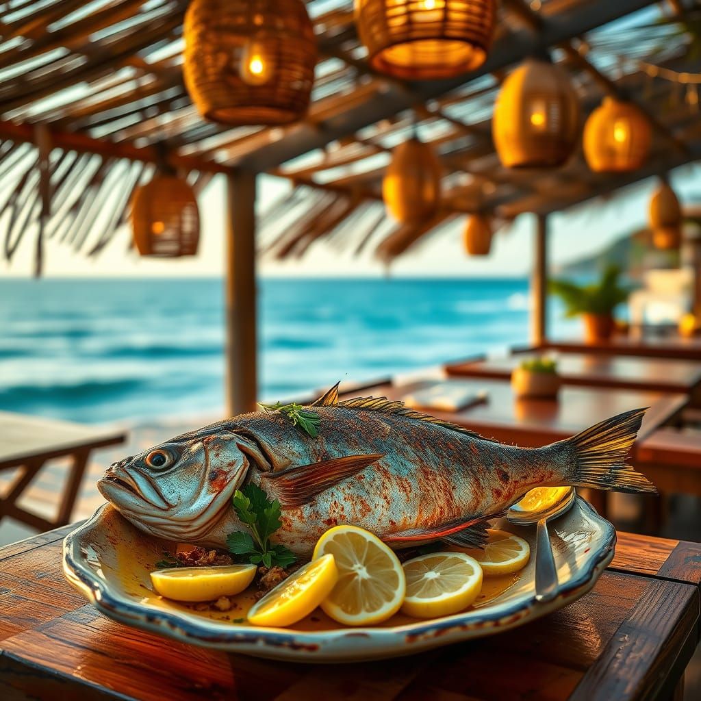 Beachside Restaurant with Grilled Fish at Sunset