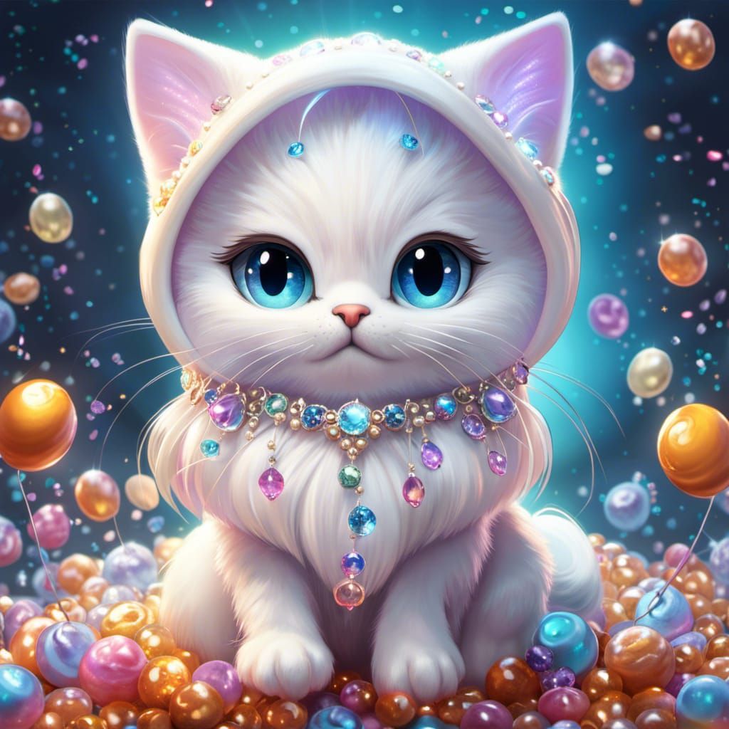 Cute little chibi white pearl kitten ghost wearing a oversiz...