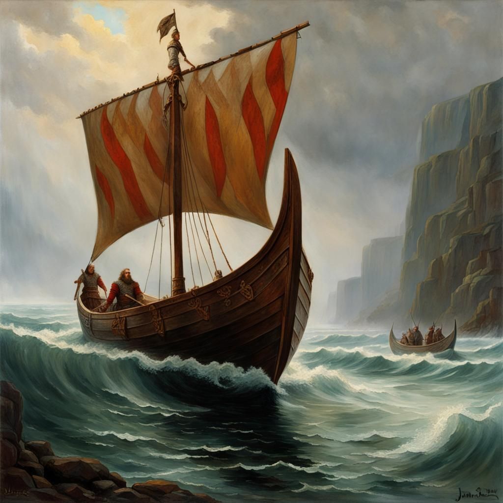 Viking Longboat on the Open Sea as Oil Painting