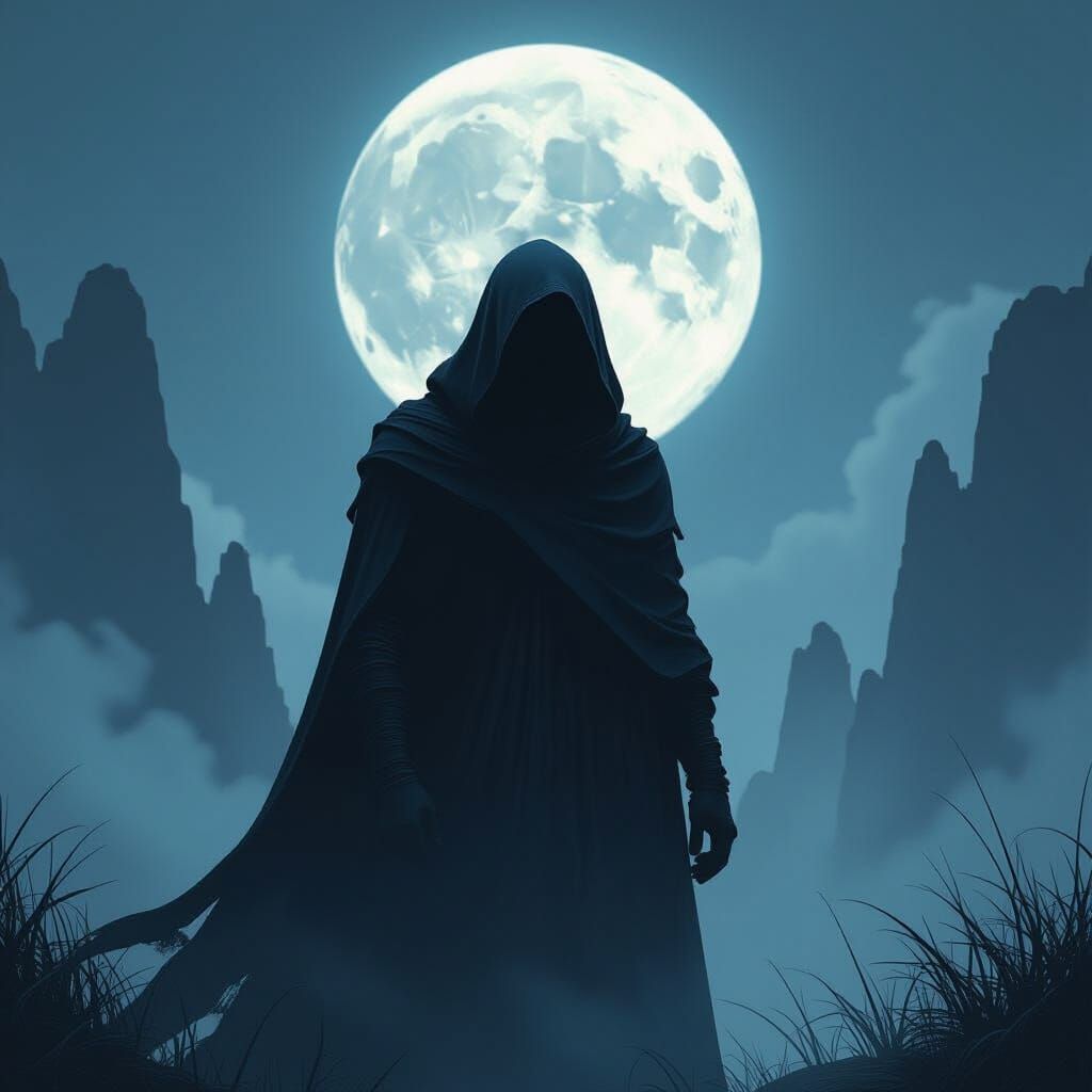 Dark Silhouette Against Moonlit Sky in Digital Art