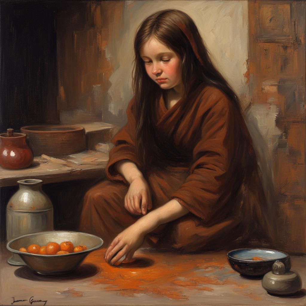 Monk Girl Baking with Spices, Oil Painting