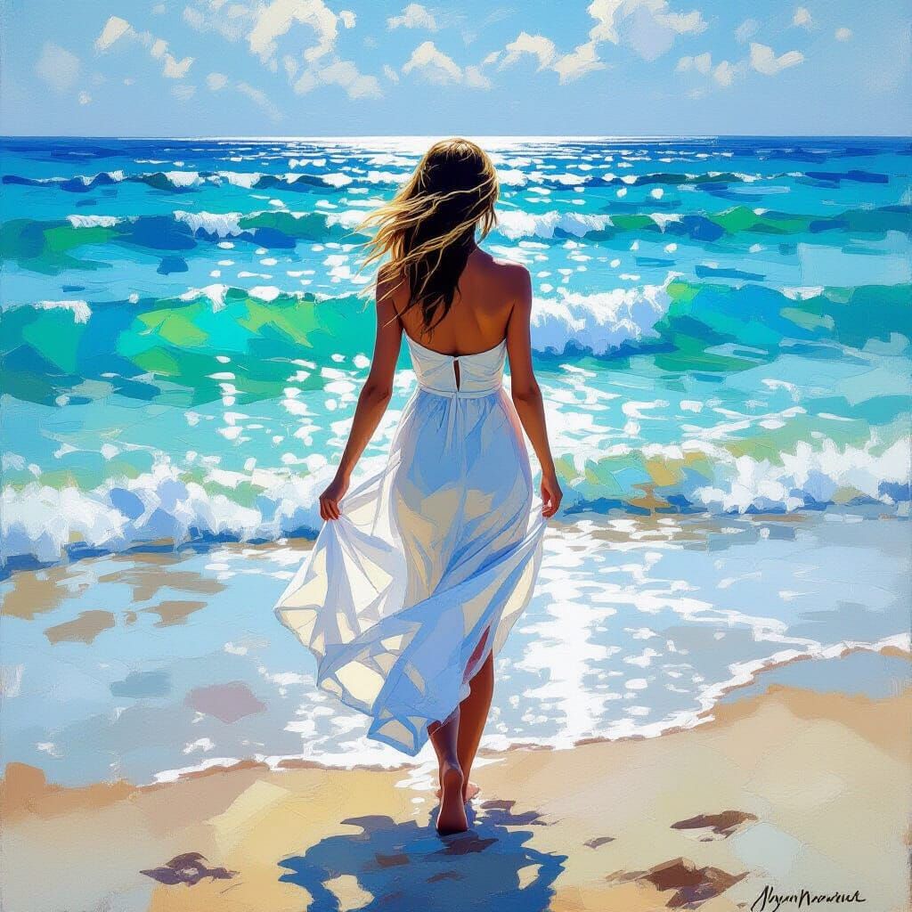 Woman at Ocean's Edge in Impressionist Style