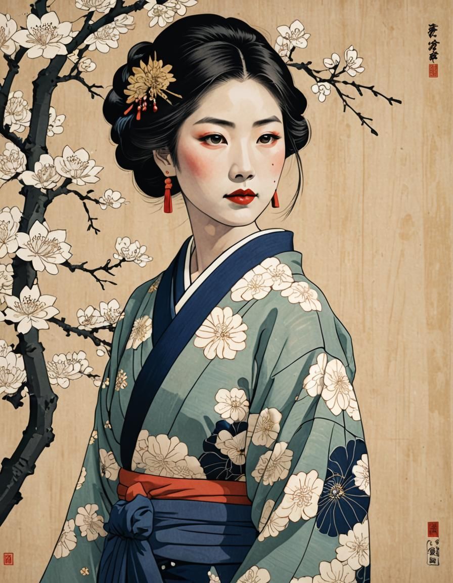 Modern Japanese Woman Portrait in Ukiyo-e Style